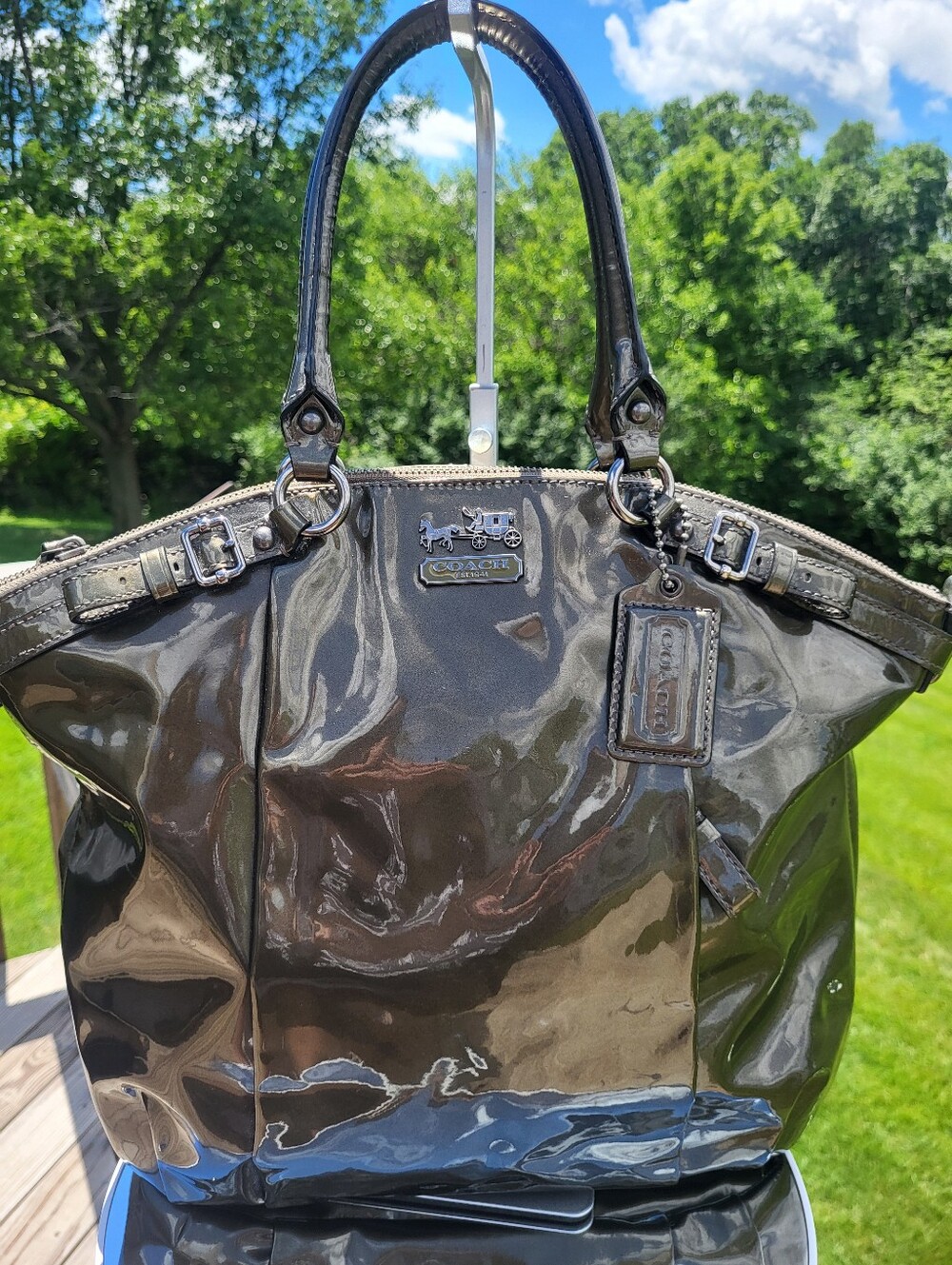 COACH Madison Lindsey Patent Leather Large Satchel Bag In Pewter